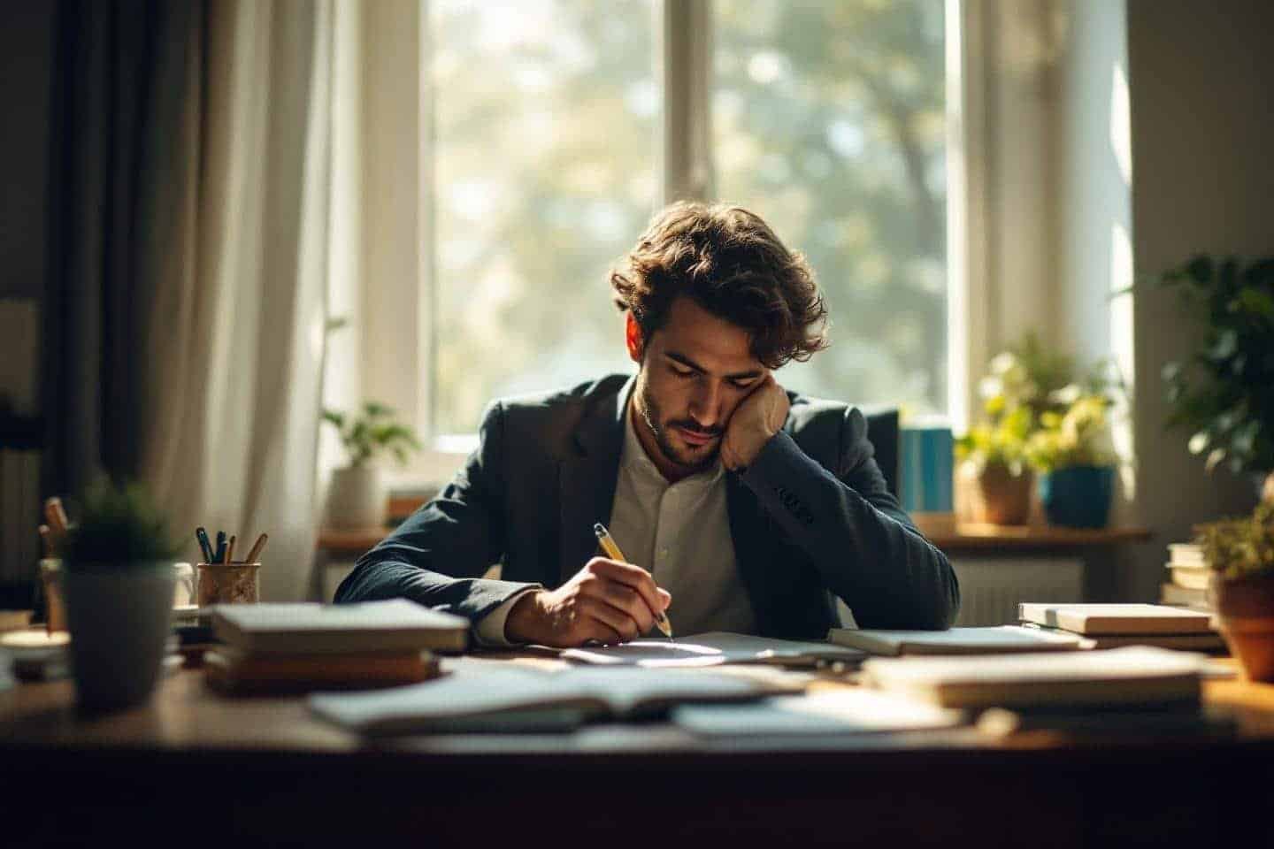 Homme concentré écrivant à son bureau entouré de livres