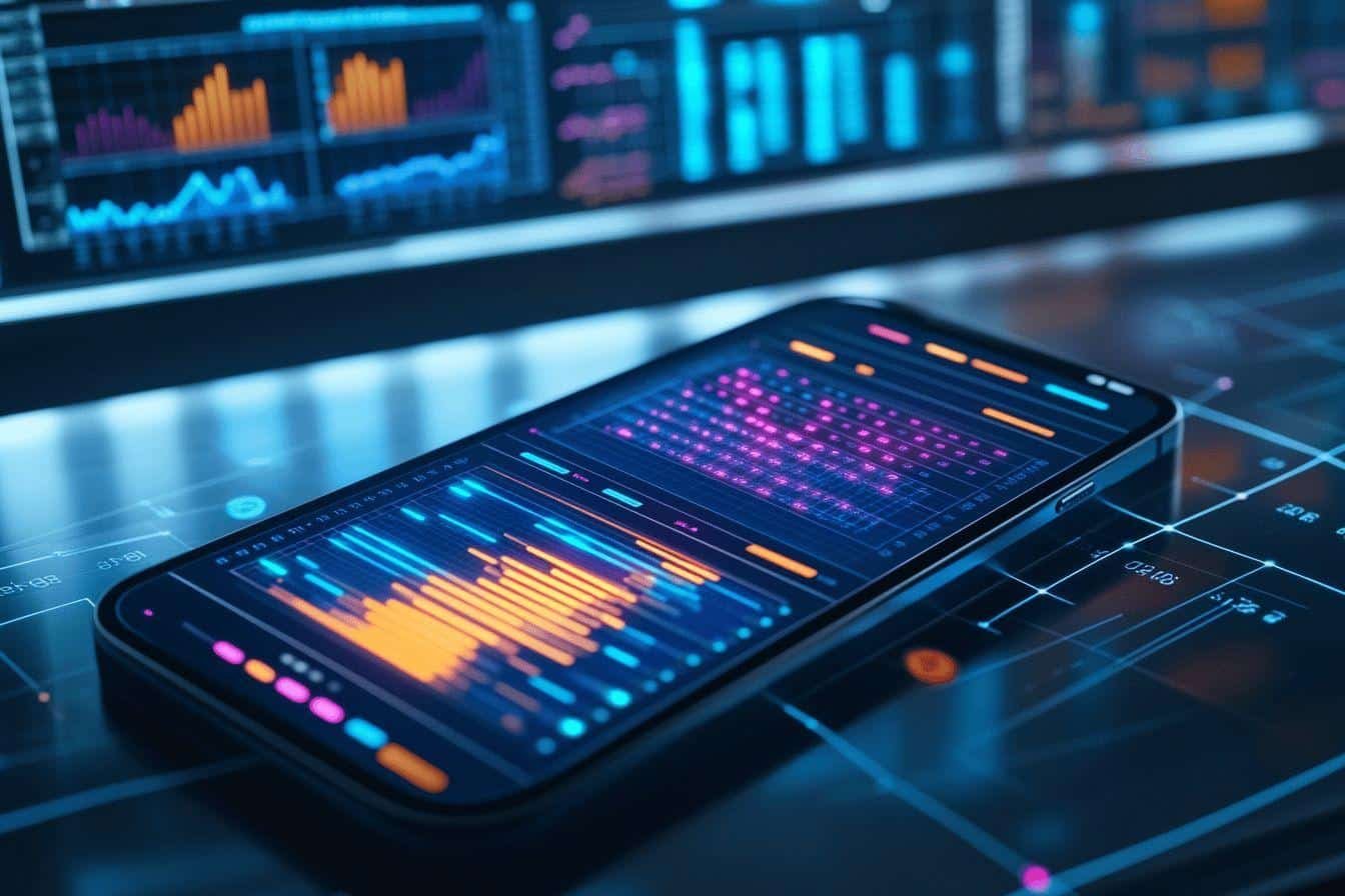 Smartphone affichant des graphiques dynamiques colorés sur écran