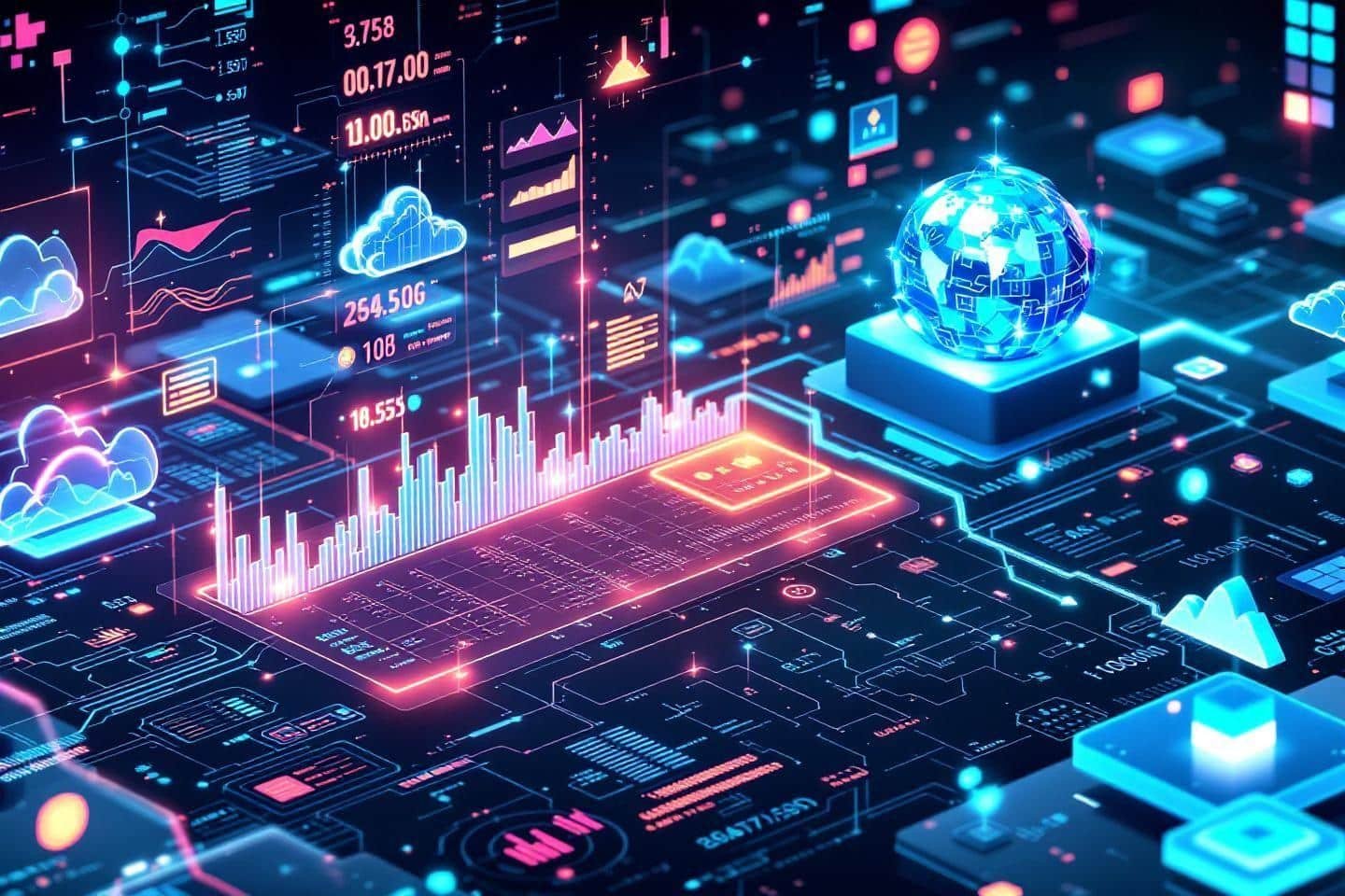 Visualisation numérique de graphiques, cloud et globe terrestre