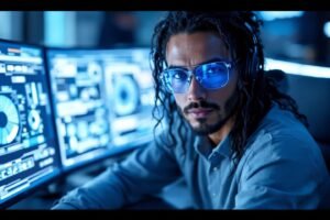 Homme à lunettes travaillant sur écrans dans environnement technologique bleu
