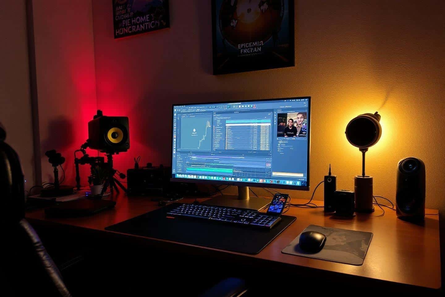 Espace de travail high-tech avec écran, lumières colorées et équipement