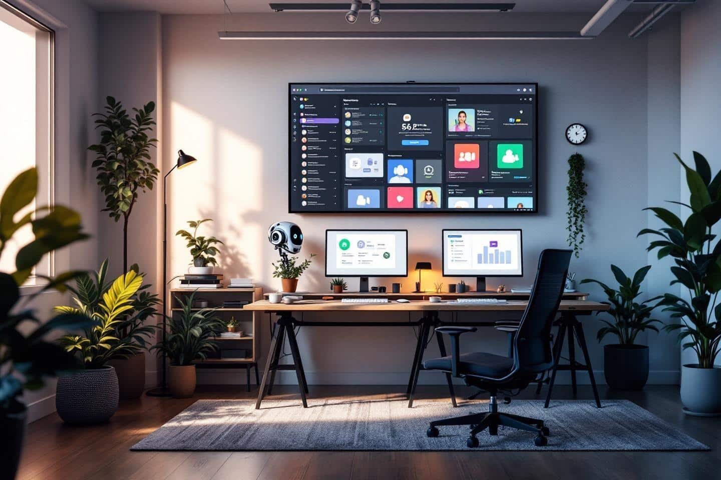 Espace de travail high-tech avec ordinateurs, plantes et robot