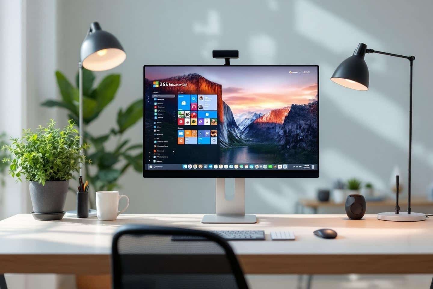 Espace de travail contemporain avec écran, plantes et lampes