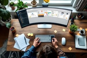 Écran incurvé, plantes, mains travaillant sur clavier