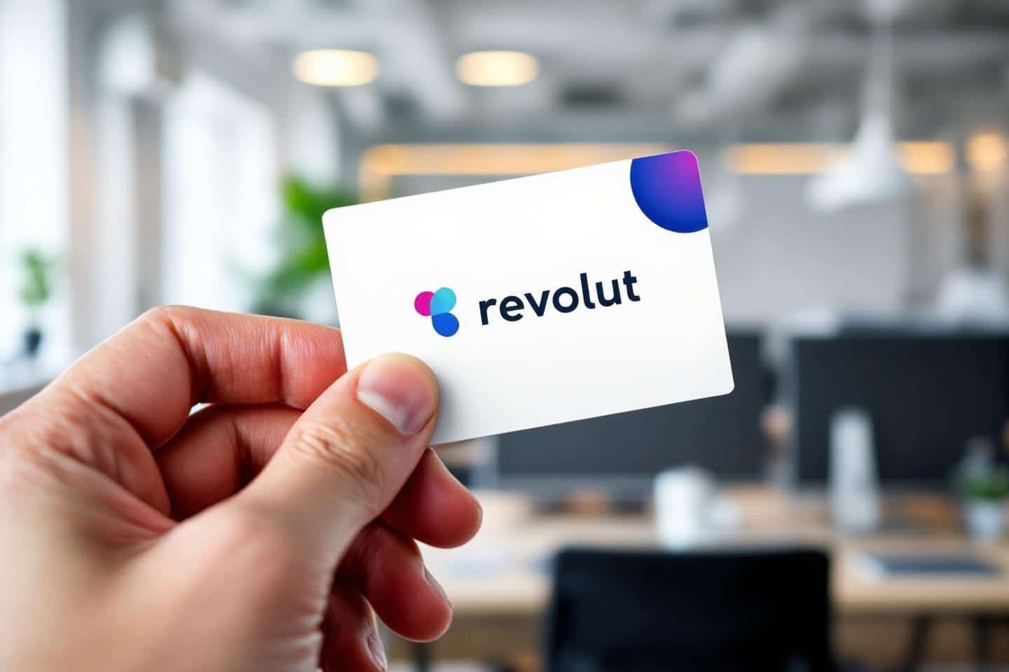 Main tenant une carte Revolut blanche avec logo coloré