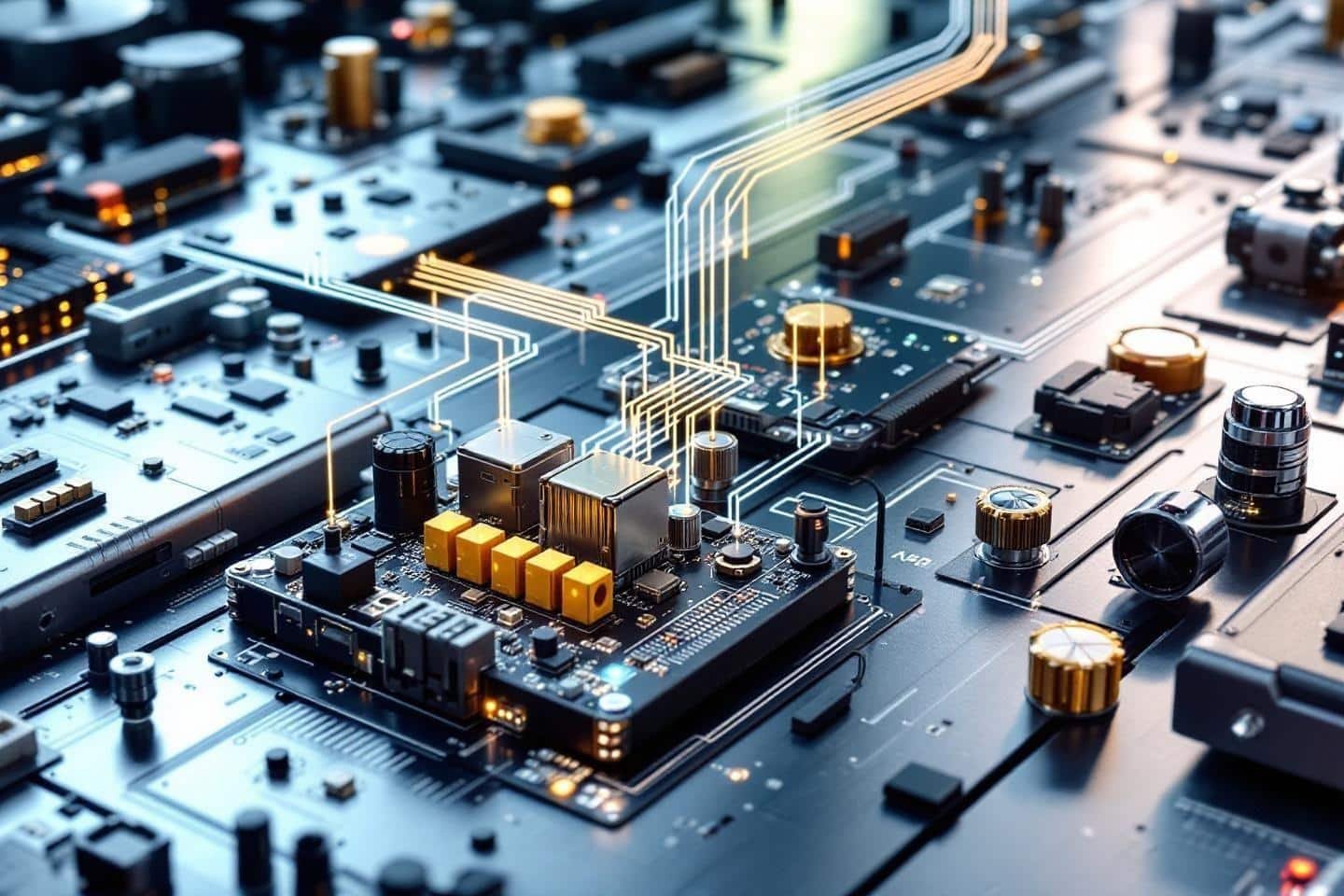 Gros plan sur une carte mère avec composants électroniques complexes