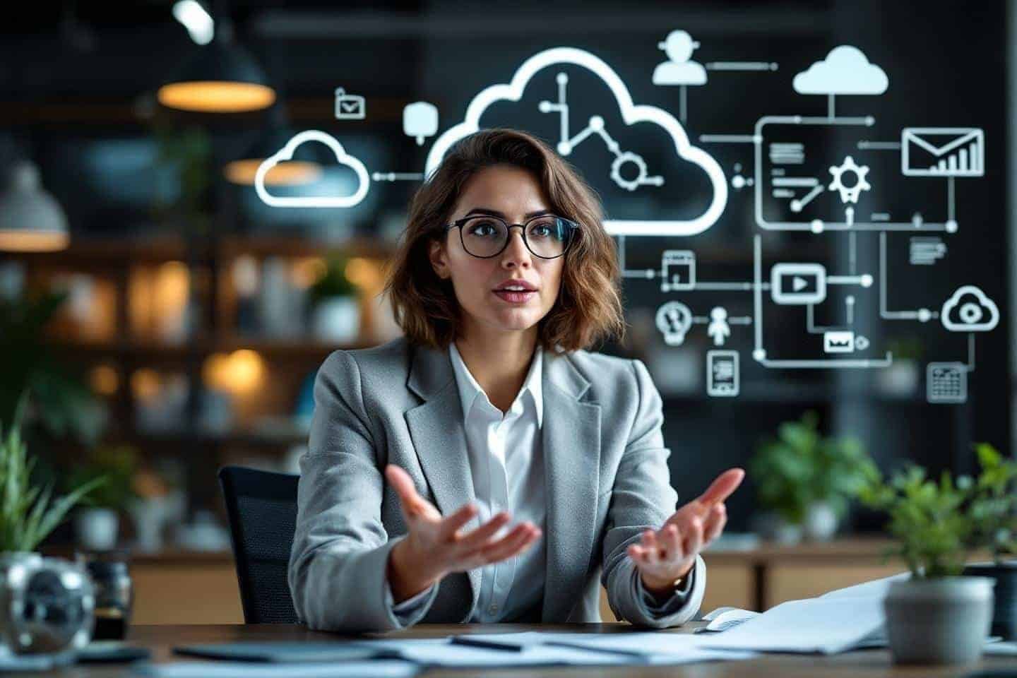 Femme d'affaires présentant un réseau cloud interconnecté