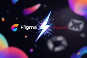 Logos de Figma et Adobe XD avec un éclair de confrontation