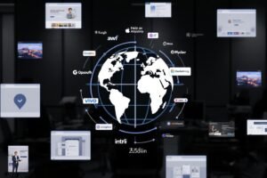 Globe numérique entouré de logos d'applications et d'interfaces technologiques