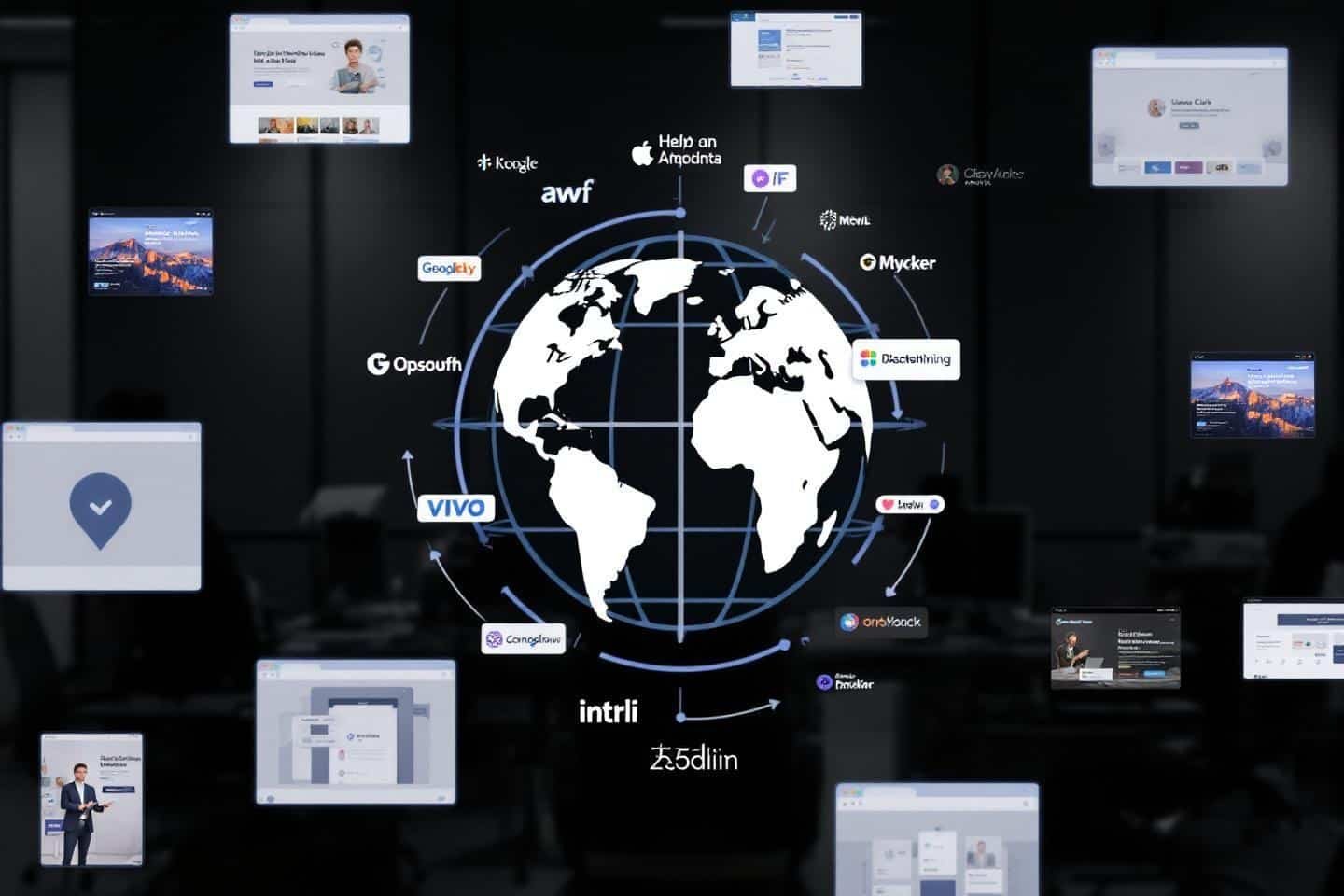 Globe numérique entouré de logos d'applications et d'interfaces technologiques