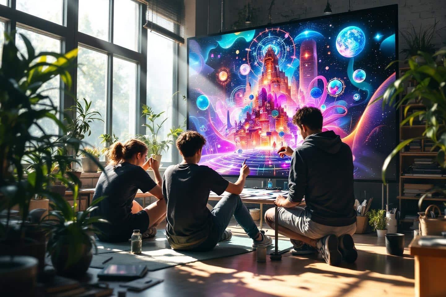 Trois personnes contemplant un écran avec une ville futuriste fantastique