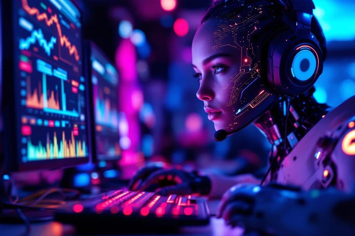 Robot cybernétique analysant des graphiques boursiers dans un environnement high-tech