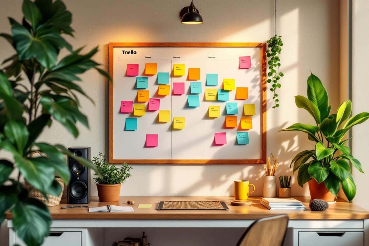 Tableau Trello avec notes colorées dans un bureau verdoyant
