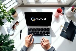 Bureau lumineux avec ordinateur portable Revolut et accessoires décoratifs