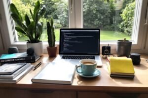 Bureau près de la fenêtre avec ordinateur, plantes et tasse de café