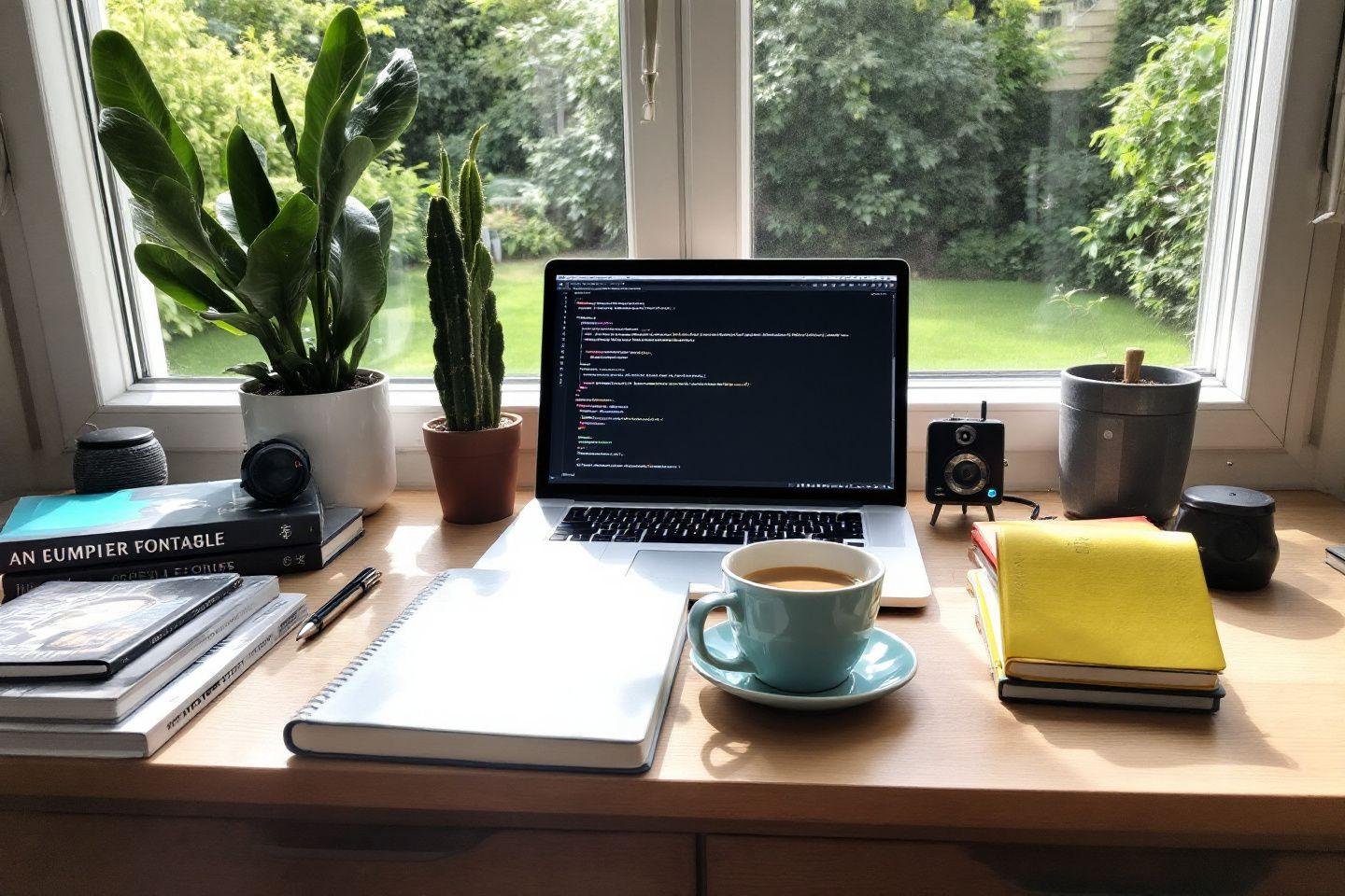 Bureau près de la fenêtre avec ordinateur, plantes et tasse de café