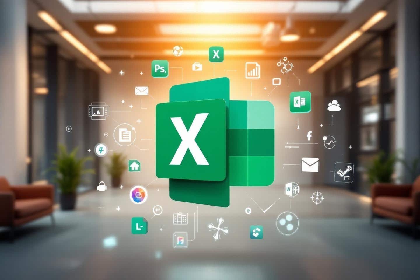 Logo Excel entouré d'icônes de logiciels dans un espace de travail moderne