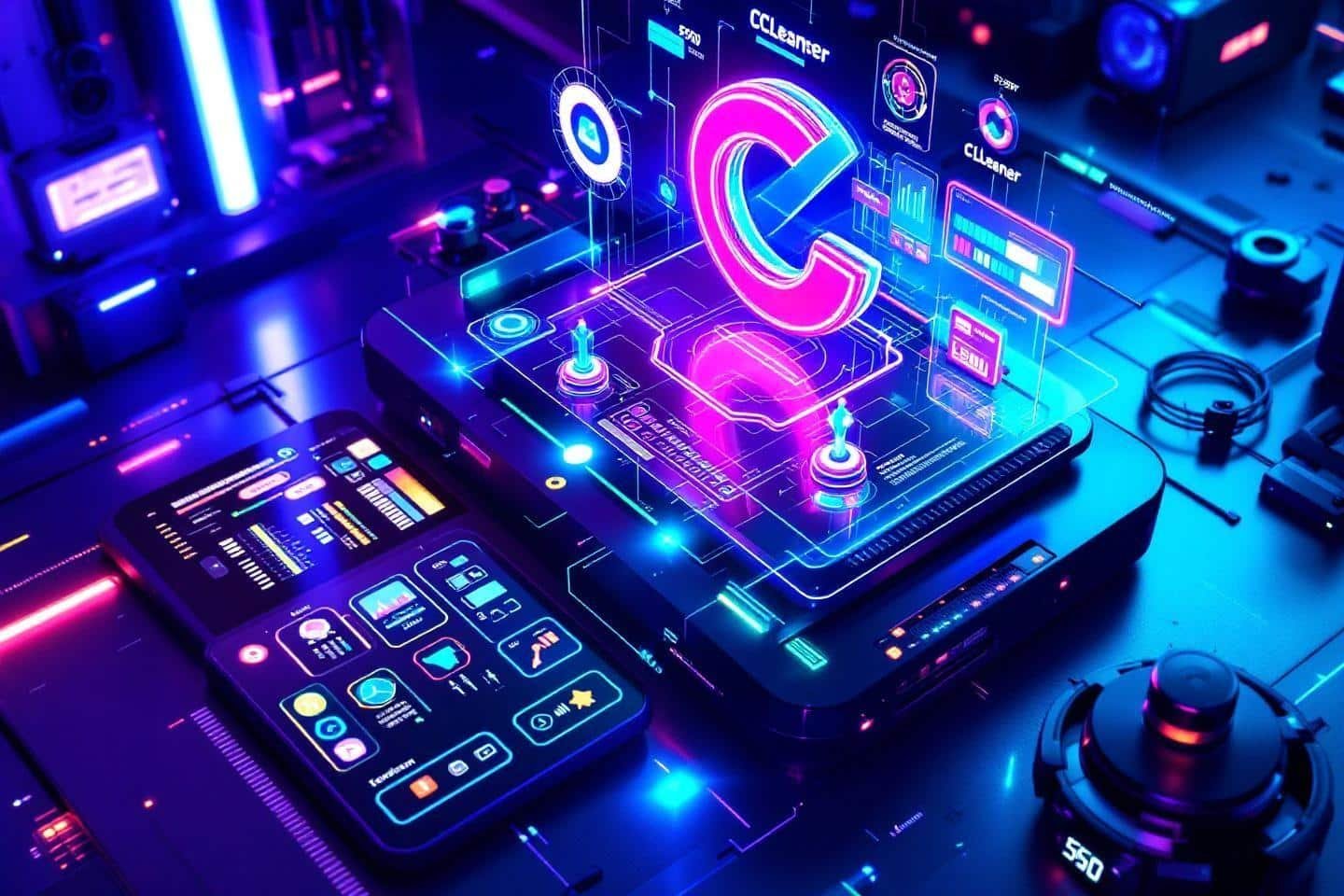 Interface numérique néon avec écrans interactifs et hologrammes bleus roses