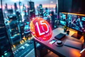Logo lumineux L5 flottant dans un bureau high-tech avec vue urbaine