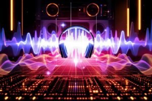 Casque audio sur fond de vagues lumineuses et grille numérique