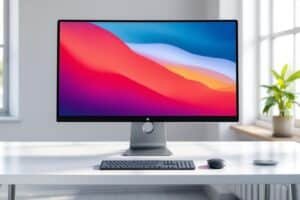 Ordinateur de bureau avec écran coloré sur un bureau blanc
