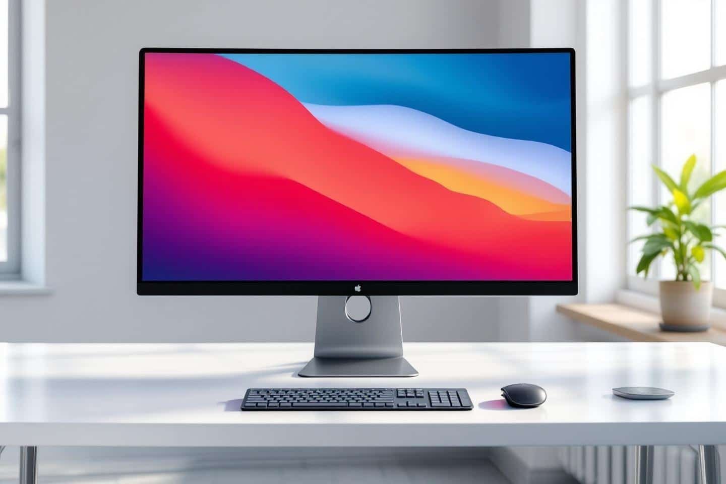 Ordinateur de bureau avec écran coloré sur un bureau blanc