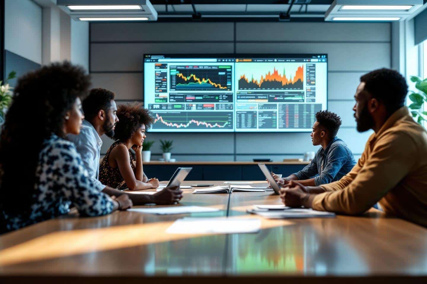 Équipe regardant des graphiques boursiers sur écran large