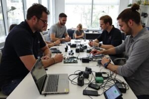 Groupe de techniciens travaillant autour d'une table avec des appareils électroniques