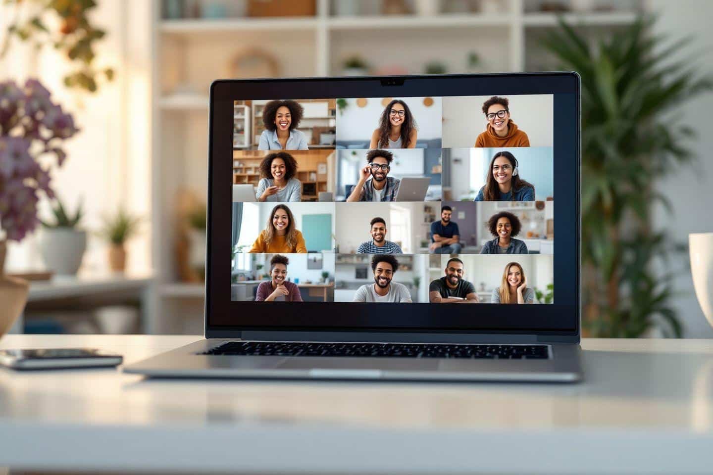 Écran d'ordinateur portable affichant une réunion en ligne multiraciale