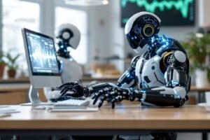 Robot high-tech travaillant sur un ordinateur dans un bureau moderne
