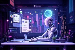 Robot travaillant sur un ordinateur avec des interfaces digitales futuristes