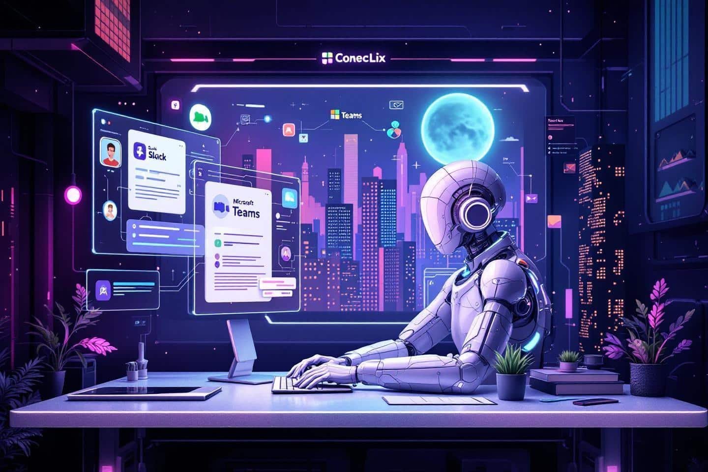 Robot travaillant sur un ordinateur avec des interfaces digitales futuristes