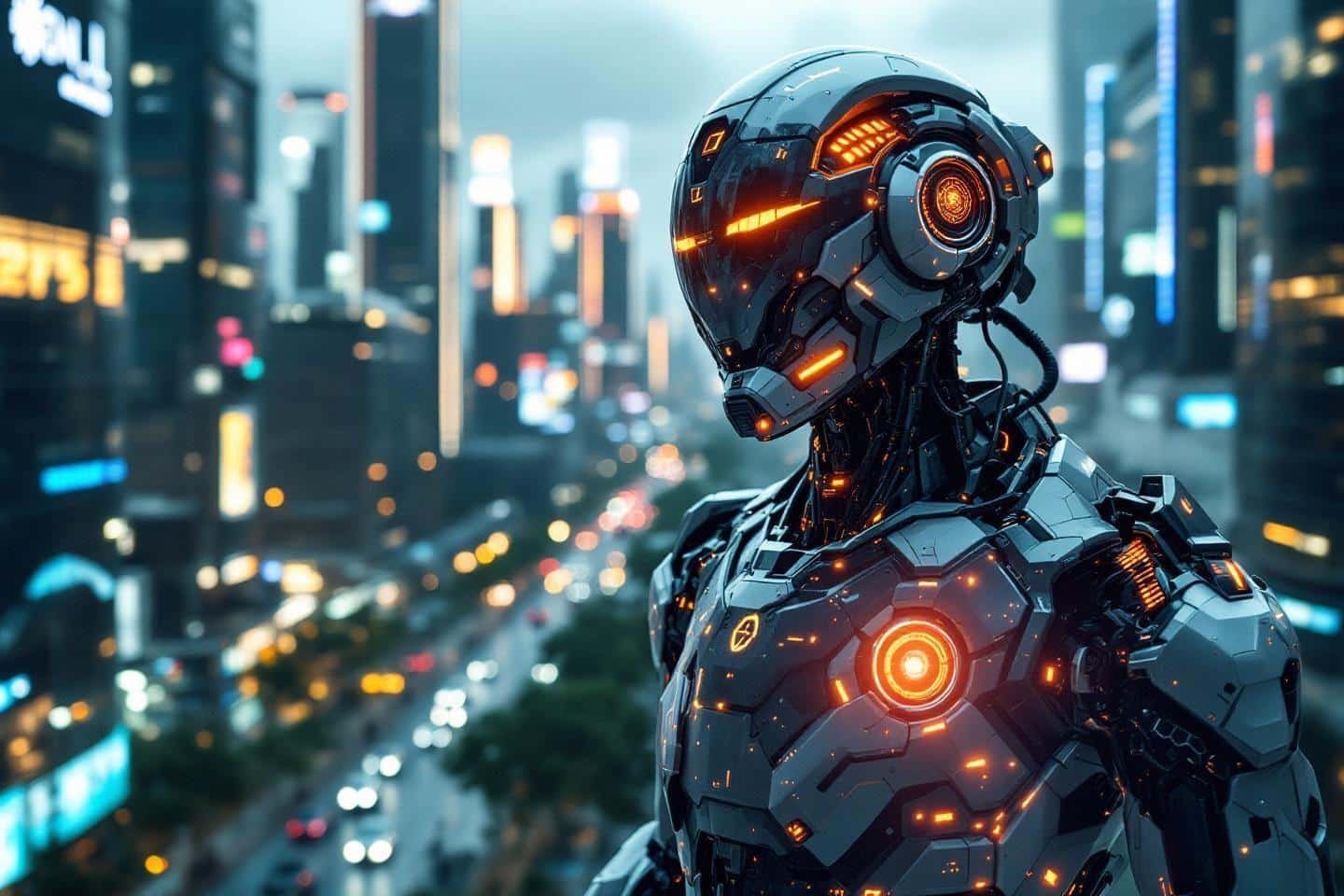 Robot high-tech aux lumières orange devant un paysage urbain nocturne