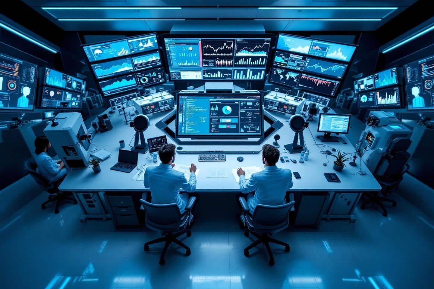 Poste de travail avec écrans multiples dans un environnement high-tech bleu