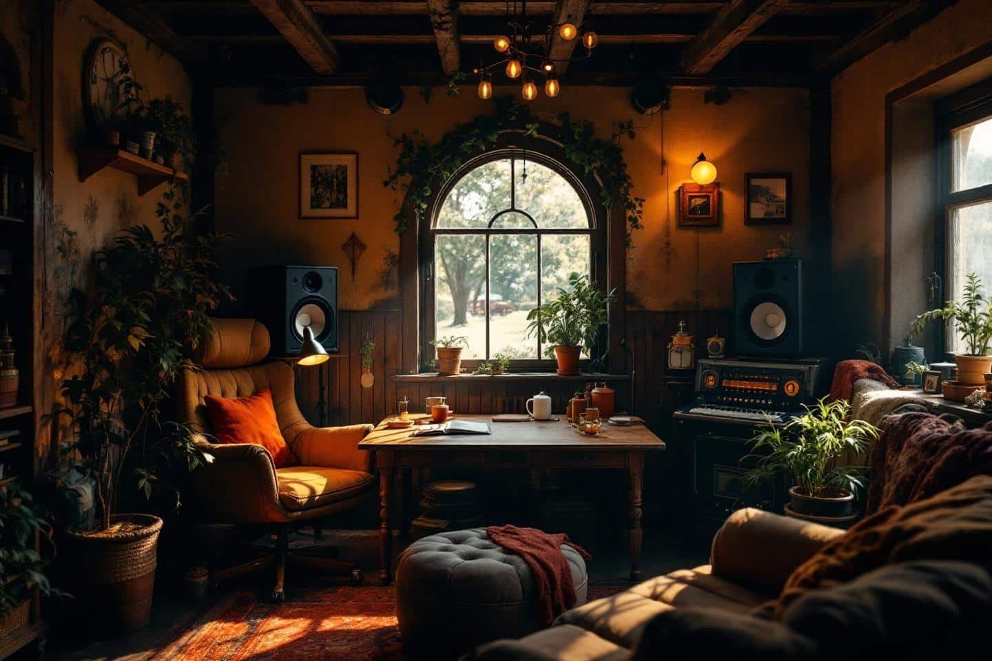 Intérieur chaleureux avec plantes, lumières douces et mobilier rétro