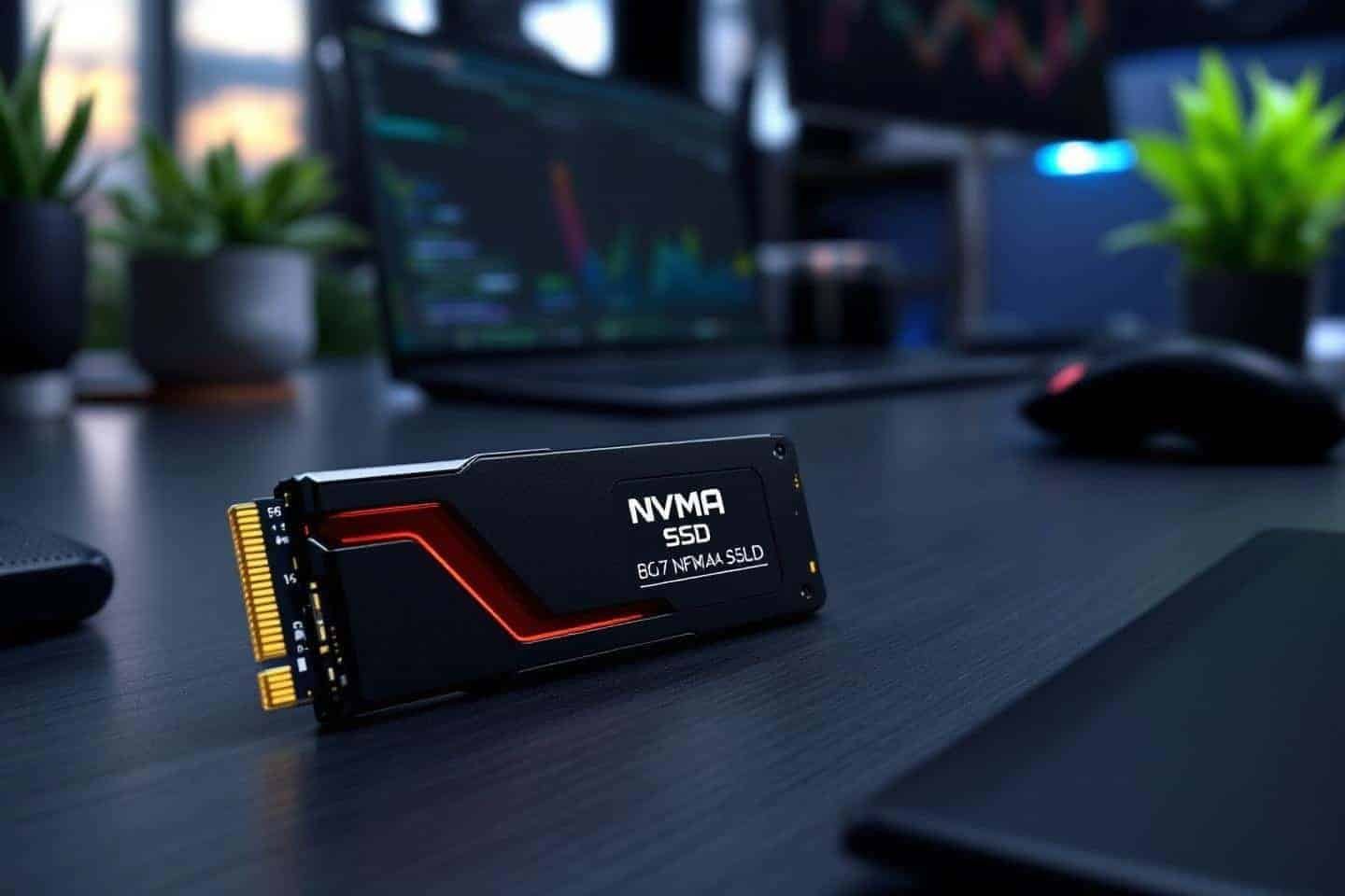 Disque SSD NVMe noir et rouge posé sur un bureau sombre