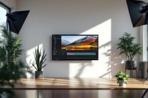 Espace de travail lumineux avec moniteur, plantes et lumières