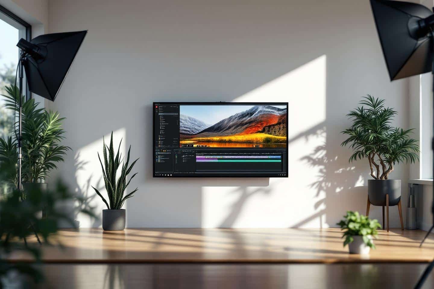 Espace de travail lumineux avec moniteur, plantes et lumières